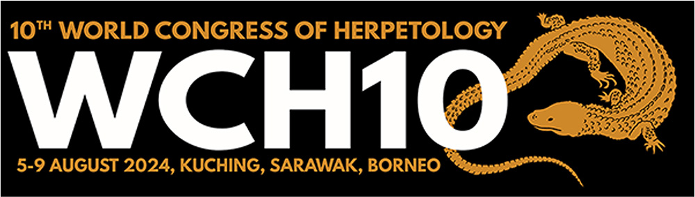 Decorative banner saying 10th World Congress of Herpetology. WCH10. 5-9 August 2024, Kuching, Sarawak, Borneo